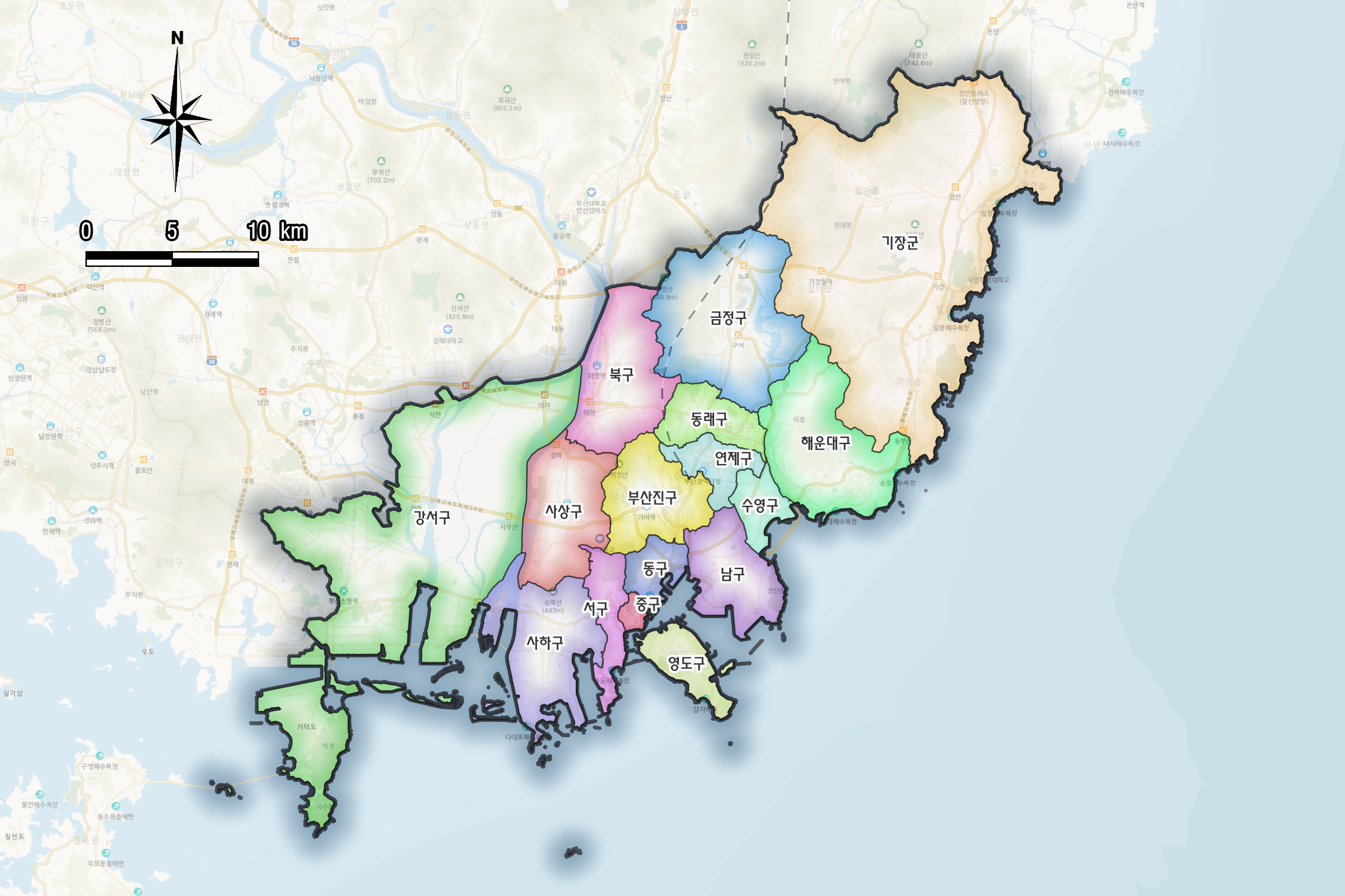 부산광역시 전체 행정경계 지도